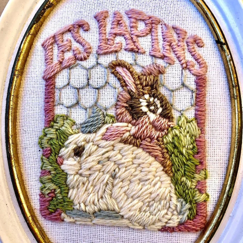 Vintage Long Needlepoint Bunny Rabbits Easter Wall Art Framed